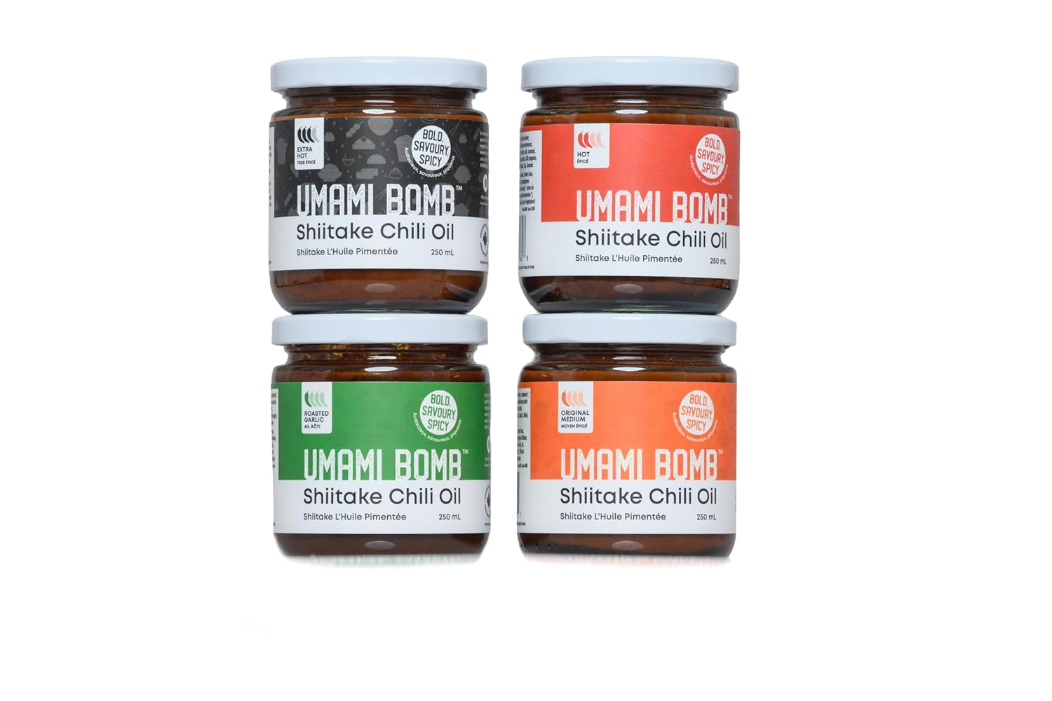 Umami Bomb All Purpose Shiitake Chili Oil Sauce | Savory & Delicious Medium, Hot, Extra Hot & Garlic Chili Oil | All Natural, Vegan, Low Sodium, Preservative Free | Proudly Made in Canada (8 oz x 4)