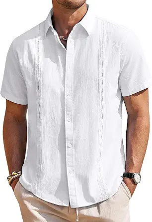 Men's Linen Short Sleeve Button-Down Shirt - Casual Cuban Guayabera for Summer Beach