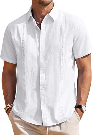 Men's Linen Textured Short Sleeve Button-Down Cuban Guayabera Shirt