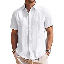 Mens Linen Shirts Short Sleeve Button Down Shirt Casual Cuban Guayabera Lightweight Summer Beach Solid Tops