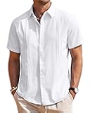 Mens Linen Shirts Short Sleeve Button Down Shirt Casual Cuban Guayabera Lightweight Summer Beach Solid Tops