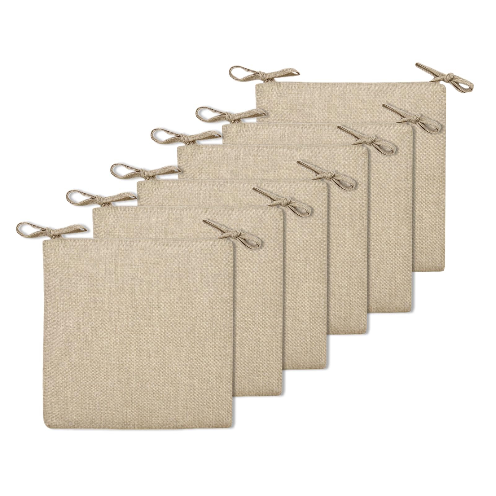 6er Set Sitzkissen 40 x 40 cm Rutschfestes Stuhlkissen mit Bändern Weiche Quadratisches Baumwolle und Leinen Kissen für Indoor & Outdoor Beige
