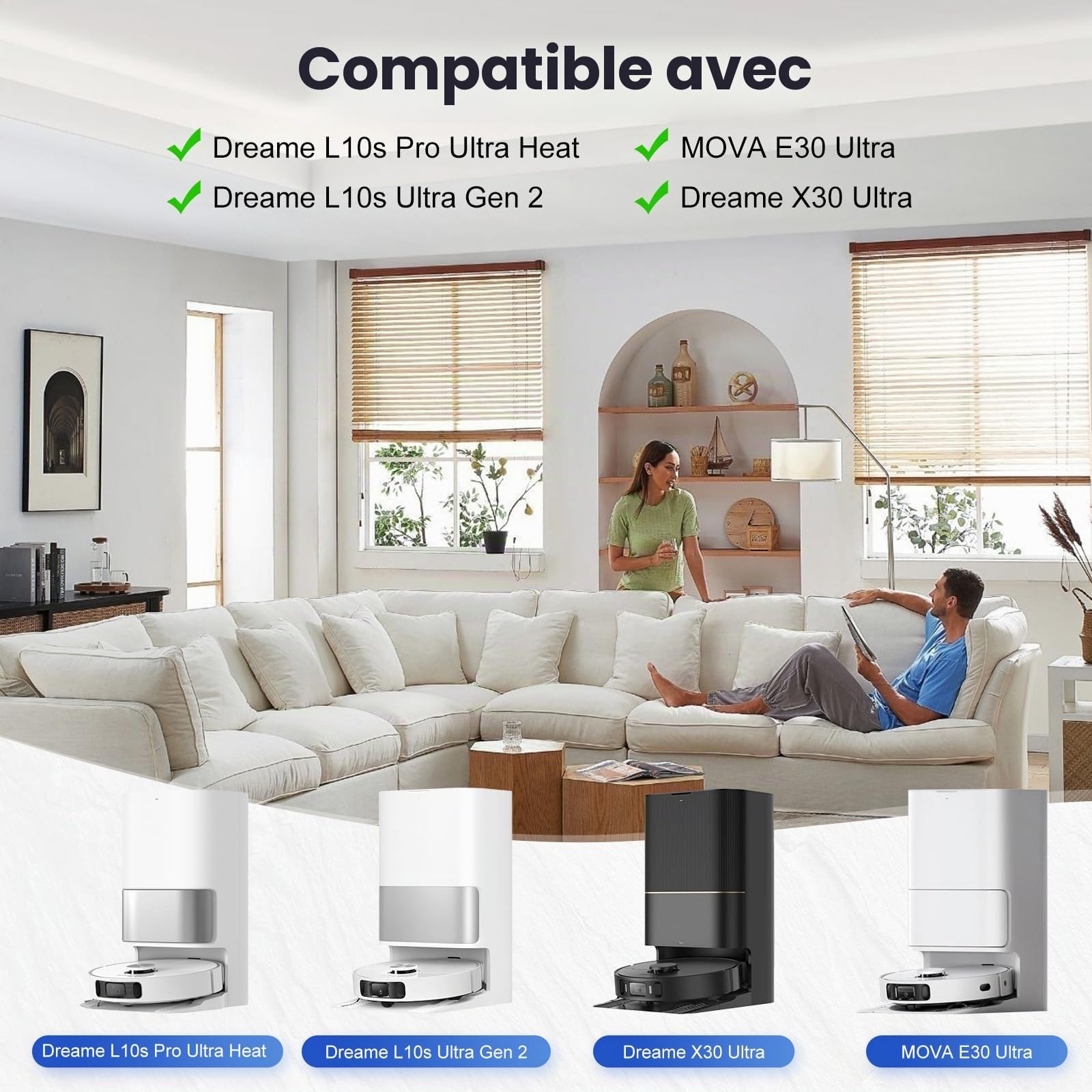 Lot de 24 accessoires pour robot aspirateur Dreame L10s Pro Ultra Heat / L10s Ultra Gen 2 / X30 Ultra & MOVA E30 Ultra, 1 brosse principale, 6 sacs à poussière, 6 tampons de nettoyage, 4 filtres, 6