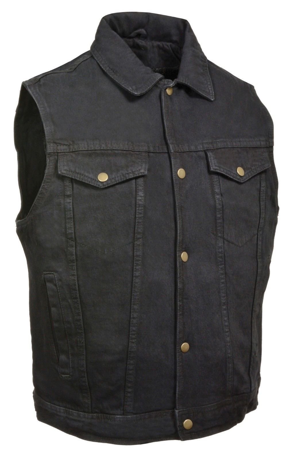 Men's Motorcycle Riding Shirt Collar Black Denim Vest 100% Cotton W/Gun Pockets (L Regular)