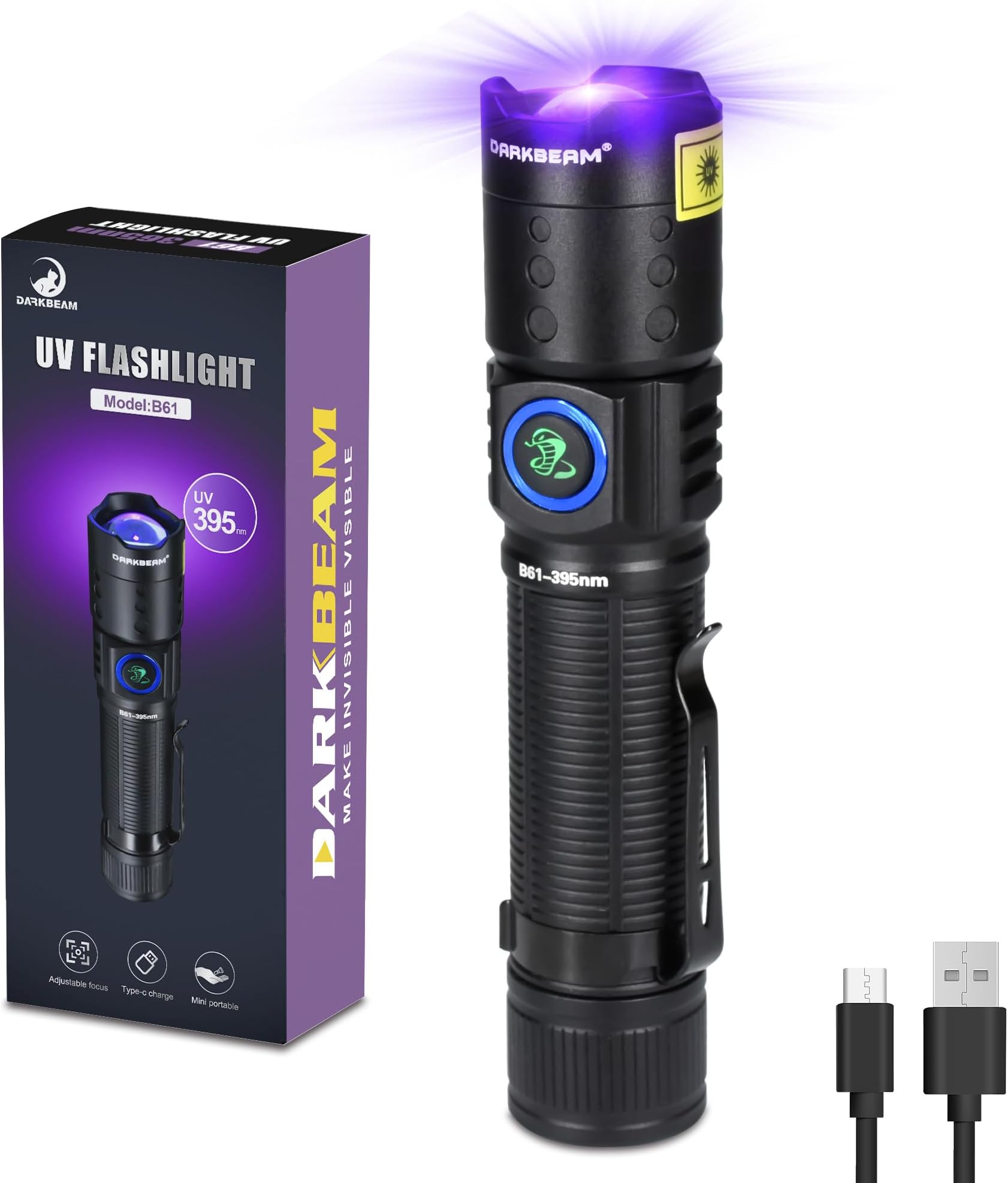 DARKBEAM UV Flashlight Black Light LED 395 NM, Ultraviolet Flashlights, Woods Lamp, Rechargeable USB-C Focusable Water Resistant for Detecting Scorpions and UV Resin Light, B61-DB-395NM-DB03