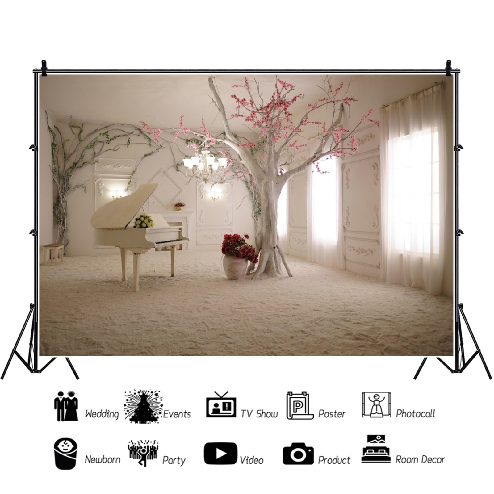 YongFoto 4,5x3m Fondo de Fotografia Interior White Piano Pink Flowers Árboles Cortina Blanca Archicultura Europea Telón de Fondo Fiesta Niños Boby Boda Retrato Estudio Fotográfico Accesorios