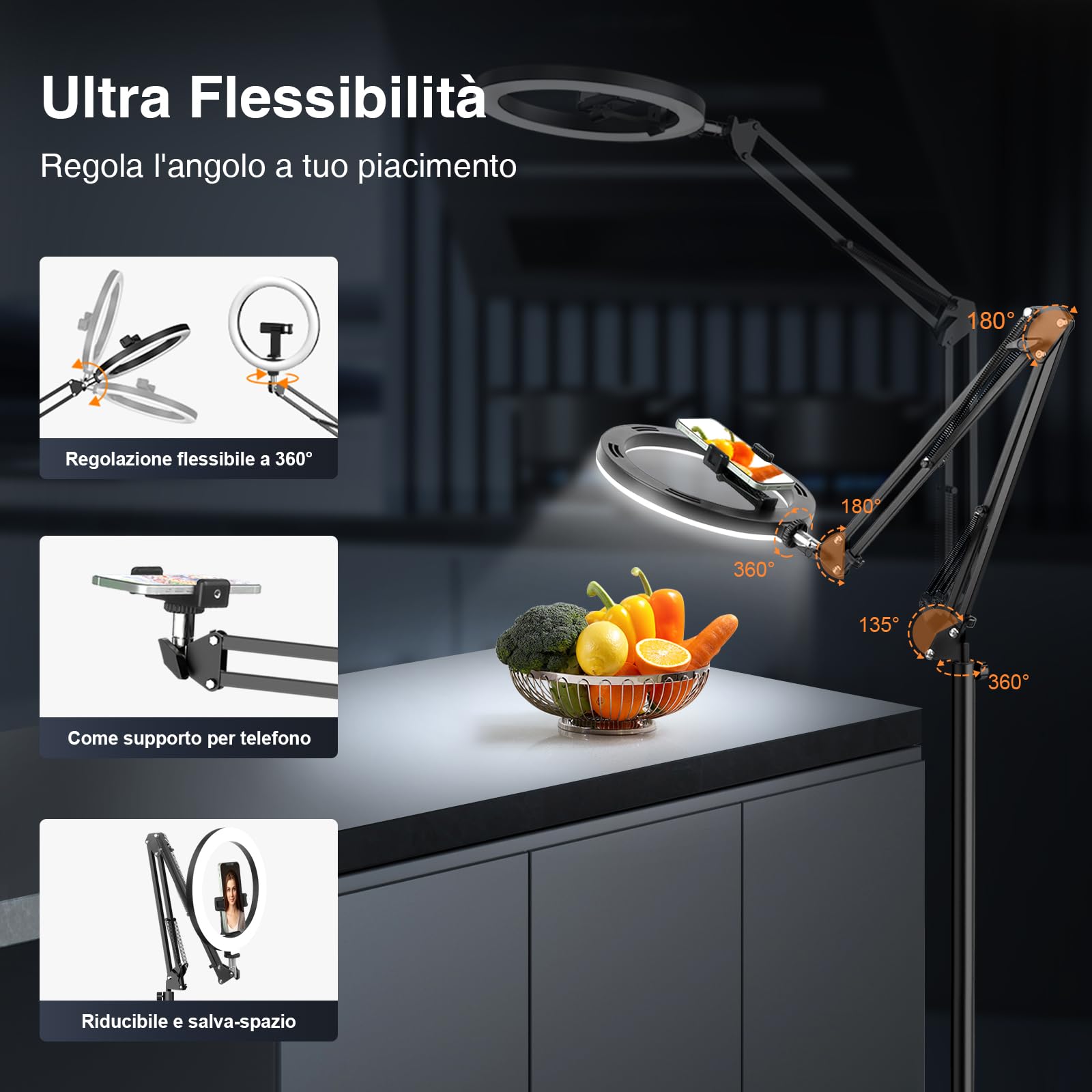 Evershop Ring Light 10" con Treppiede e Supporto Telefono, Luce LED Rotabile 360°, CRI>95