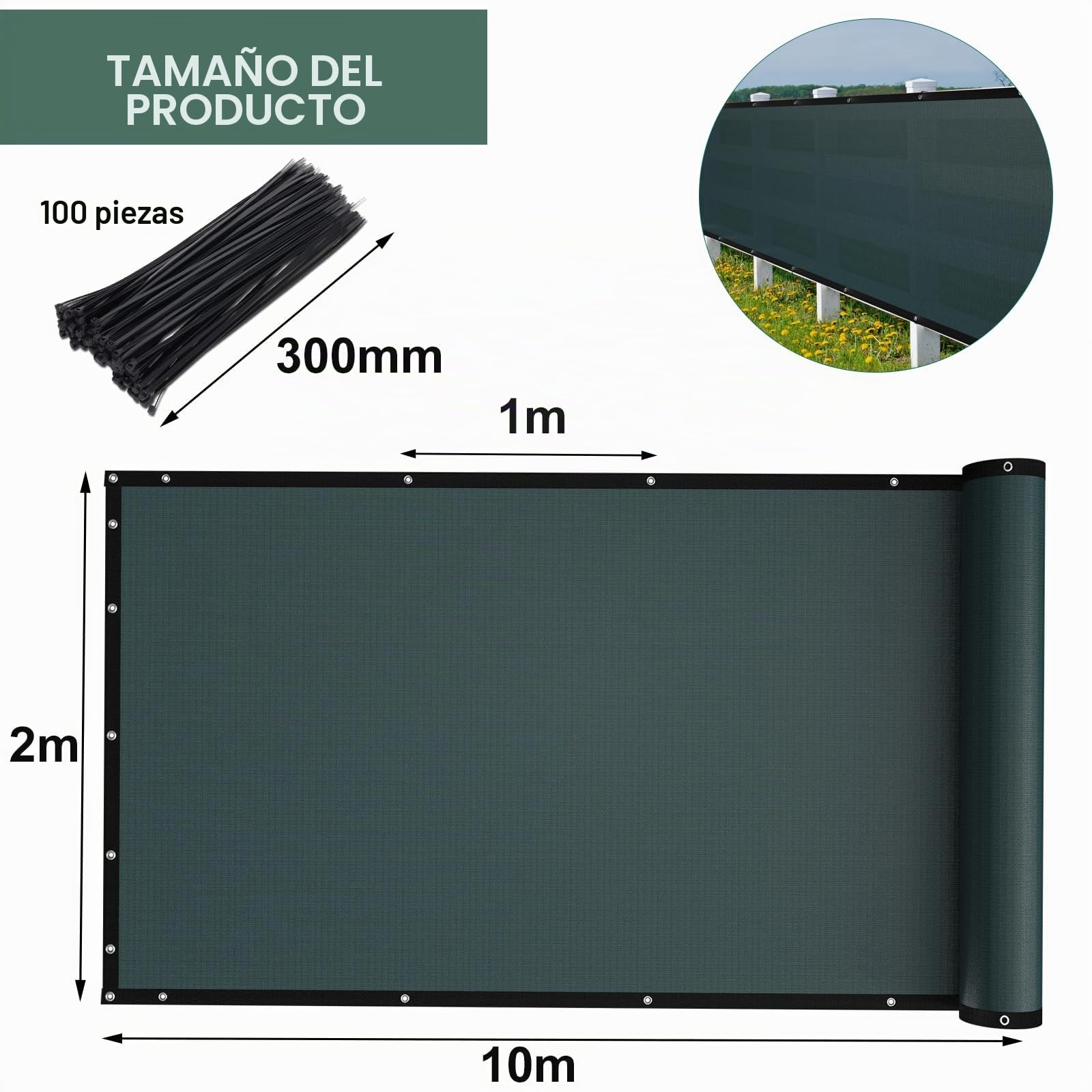 Valla Malla, 2mX10m, Malla Cortavientos Estable, 130 g/m², Malla de Malla, 90% HDPE, para Uso Exterior, Resistente a los Rayos UV, Resistente al Desgarro, Cortavientos, con Sujetacables y Ojales