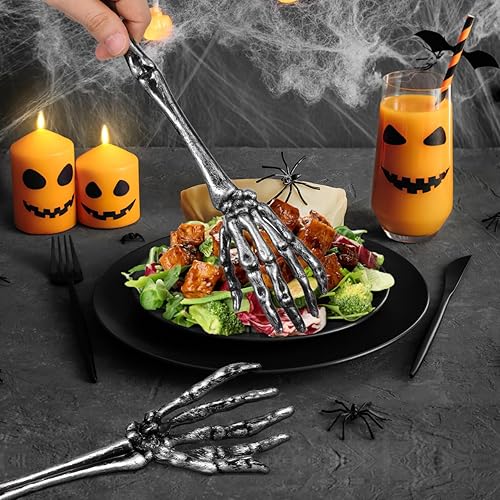 Miniatura 8 de Luxshiny Juego de pinzas de ensalada de garra de esqueleto, 2 utensilios de cocina plateados de Halloween para fiestas espeluznantes y decoraciones