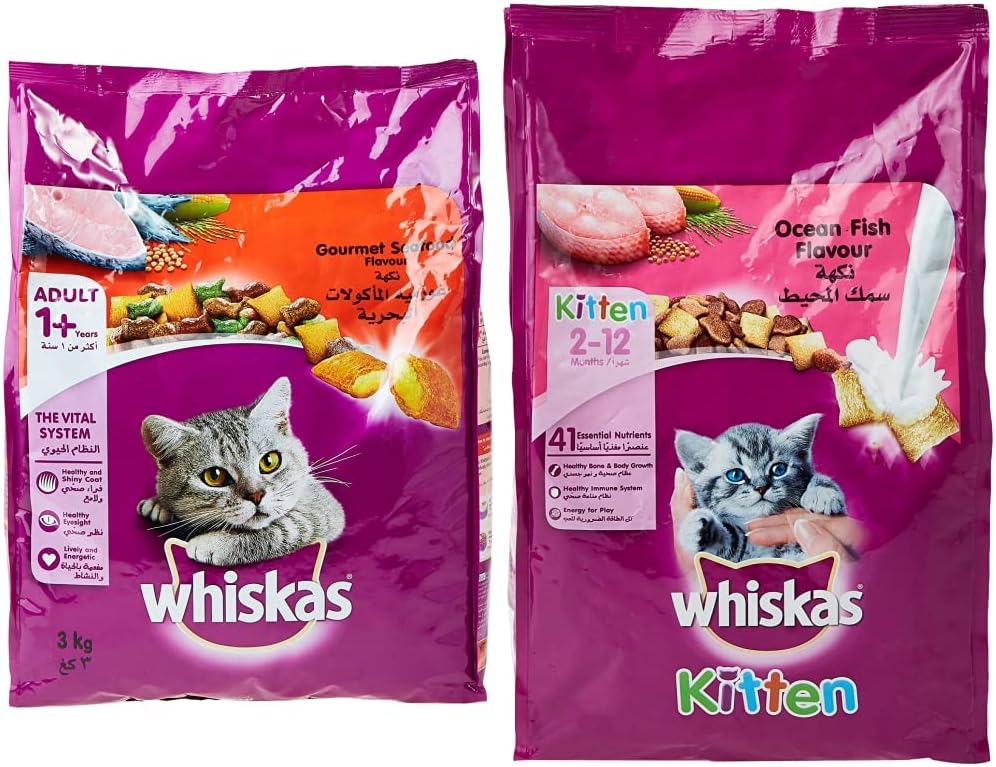 Whiskas® Gourmet Seafood Dry Food Adult 1+ years 3kg & Whiskas® Ocean Fish & Milk Dry Food Junior 2-12 months 1.1kg