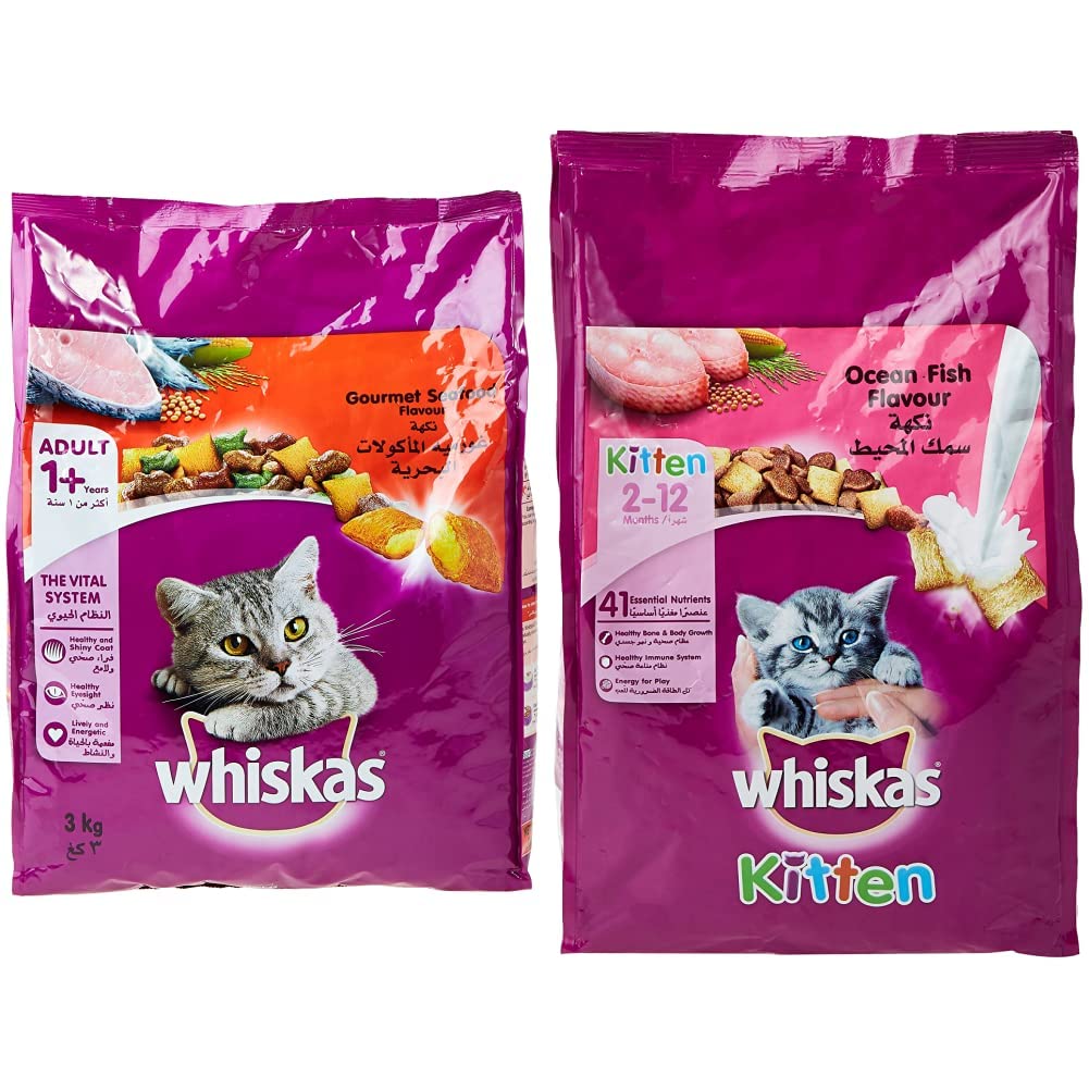 Whiskas® Gourmet Seafood Dry Food Adult 1+ years 3kg & Whiskas® Ocean Fish & Milk Dry Food Junior 2-12 months 1.1kg