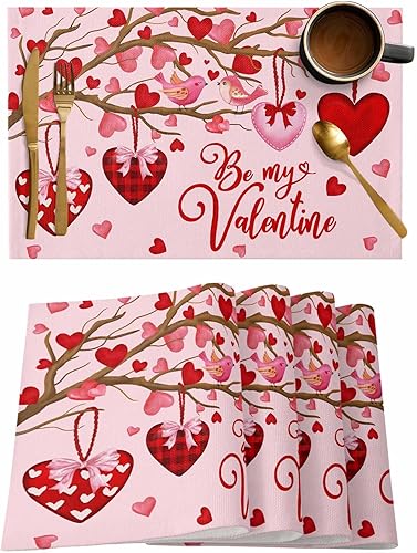 Vista 363 de Juego de 6 manteles individuales rojos para el día de San Valentín, diseño de corazón de San Valentín, resistentes al calor, lavables, manteles