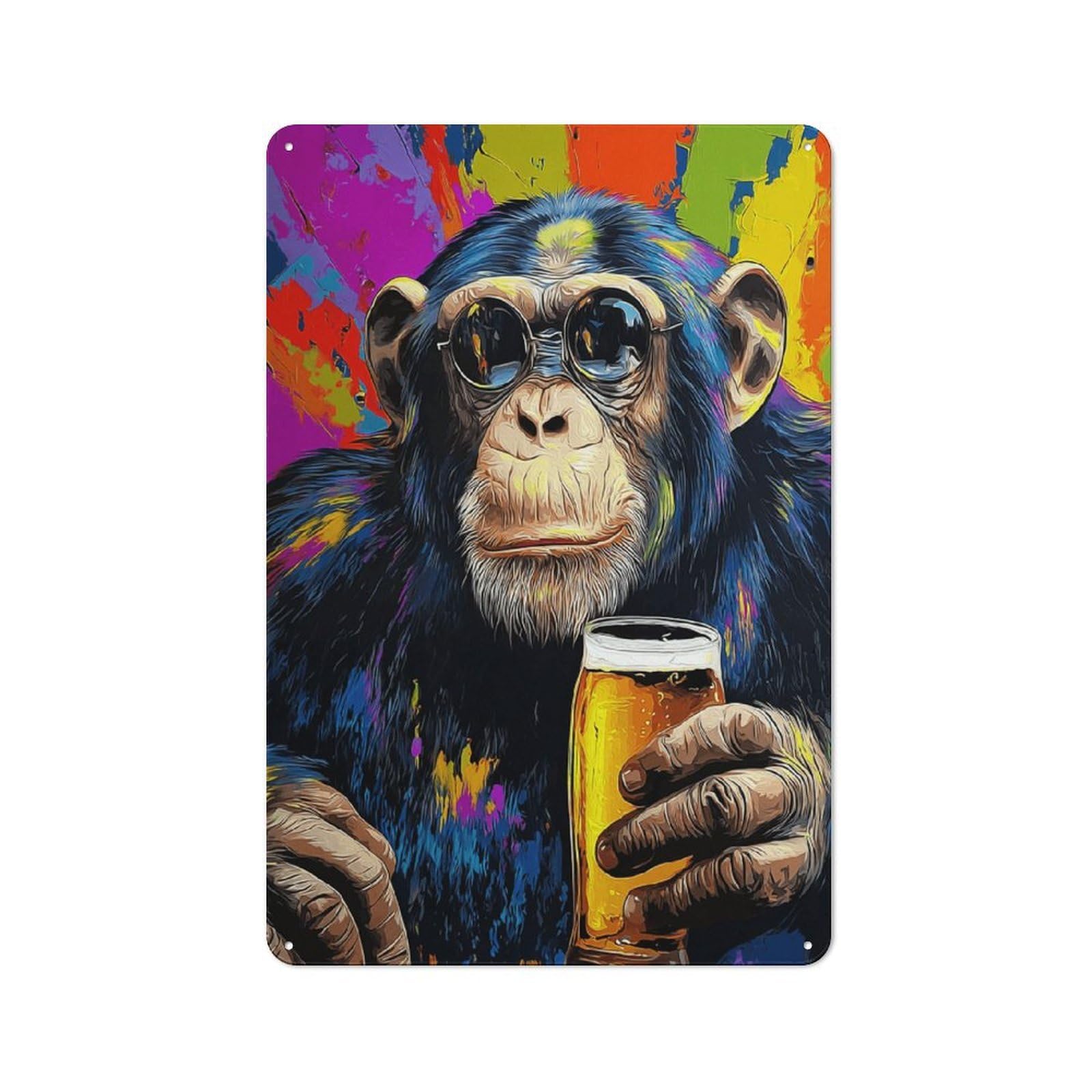 Junmoney Chimp With Sunglasses Holding Beer Metal Wall Plaque With Design 30X20cm, Classic Retro Room Decor For Kitchen, Hallway, Bar Or Small Cafe