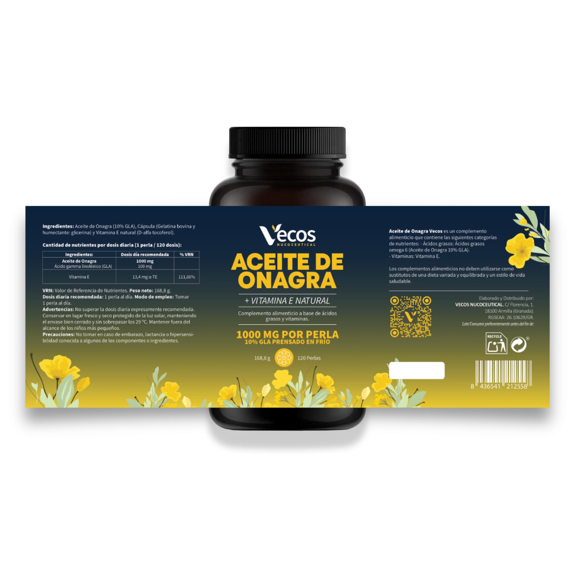 Aceite de Onagra 1000mg con 10% GLA prensado en frio y enriquecido con Vitamina E Natural - Alivia síntomas de la Menopausia - Sin Gluten ni azúcares añadidos