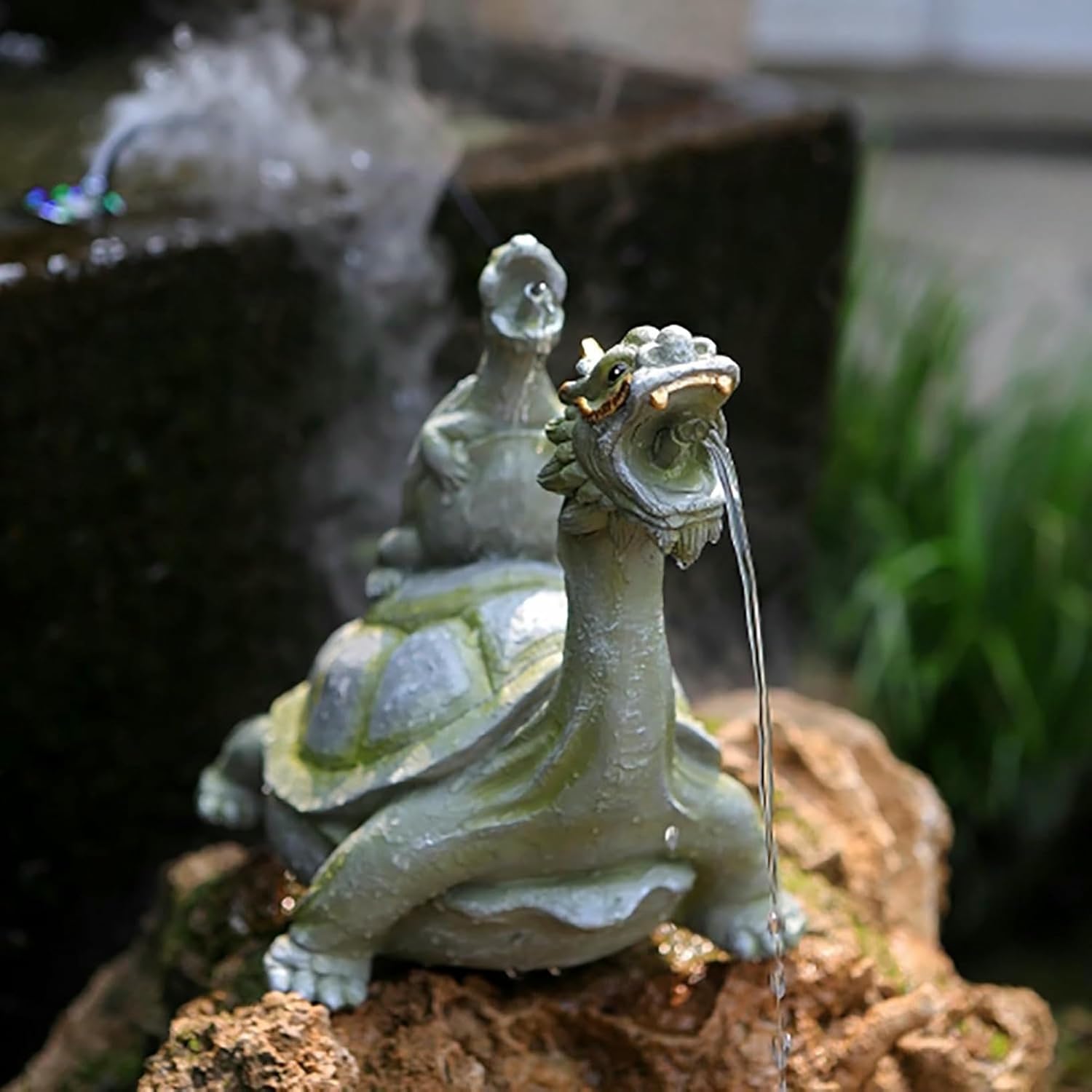 Creative Animal Pond spitters for Koi Pond, Pond Fountains, Double Water spout Design, Automatic Circulation Water Landscaping Ornaments, with Water Pump and Hose