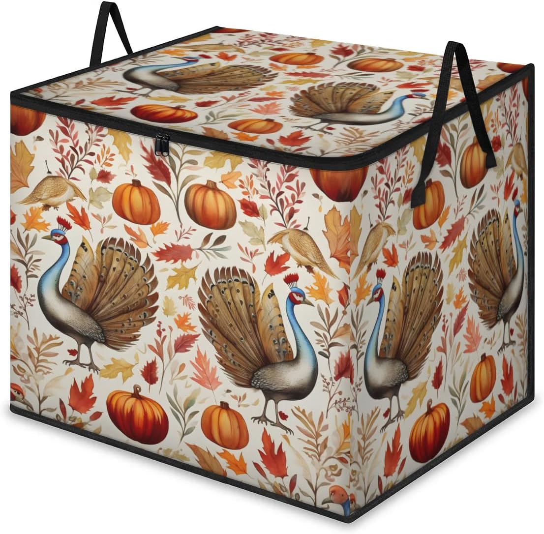 Honeybaby 214L Extra Large Comforter Storage Bag Happy Thanksgiving Pumpkins Storage Totes with Lids Waterproof Closet Organizer Folding Blanket Storage Bags for Clothes Bedding Pillows