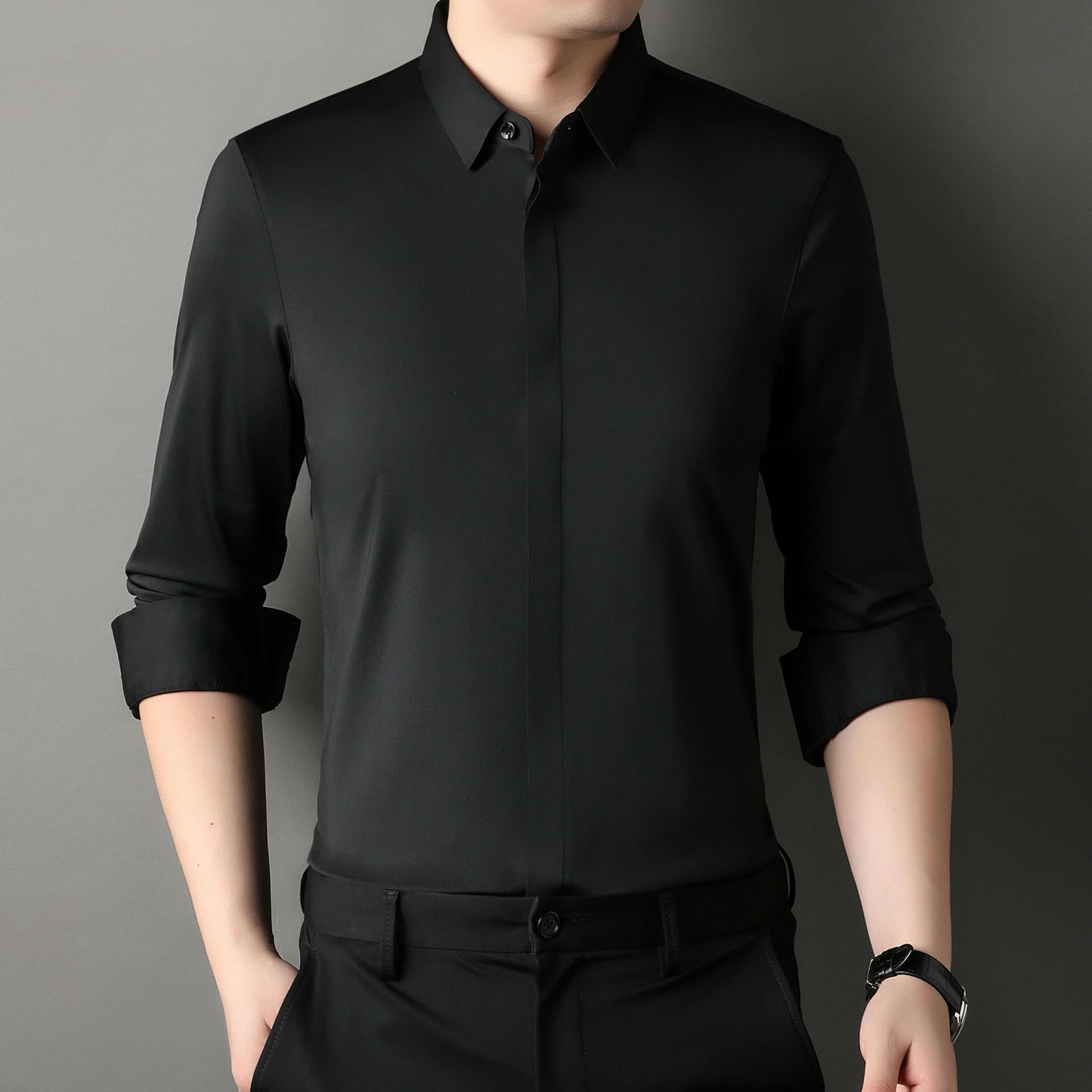 Camicia a maniche lunghe da uomo, tinta unita, slim fit, abbottonatura nascosta, senza pieghe, casual, traspirante, con bottoni