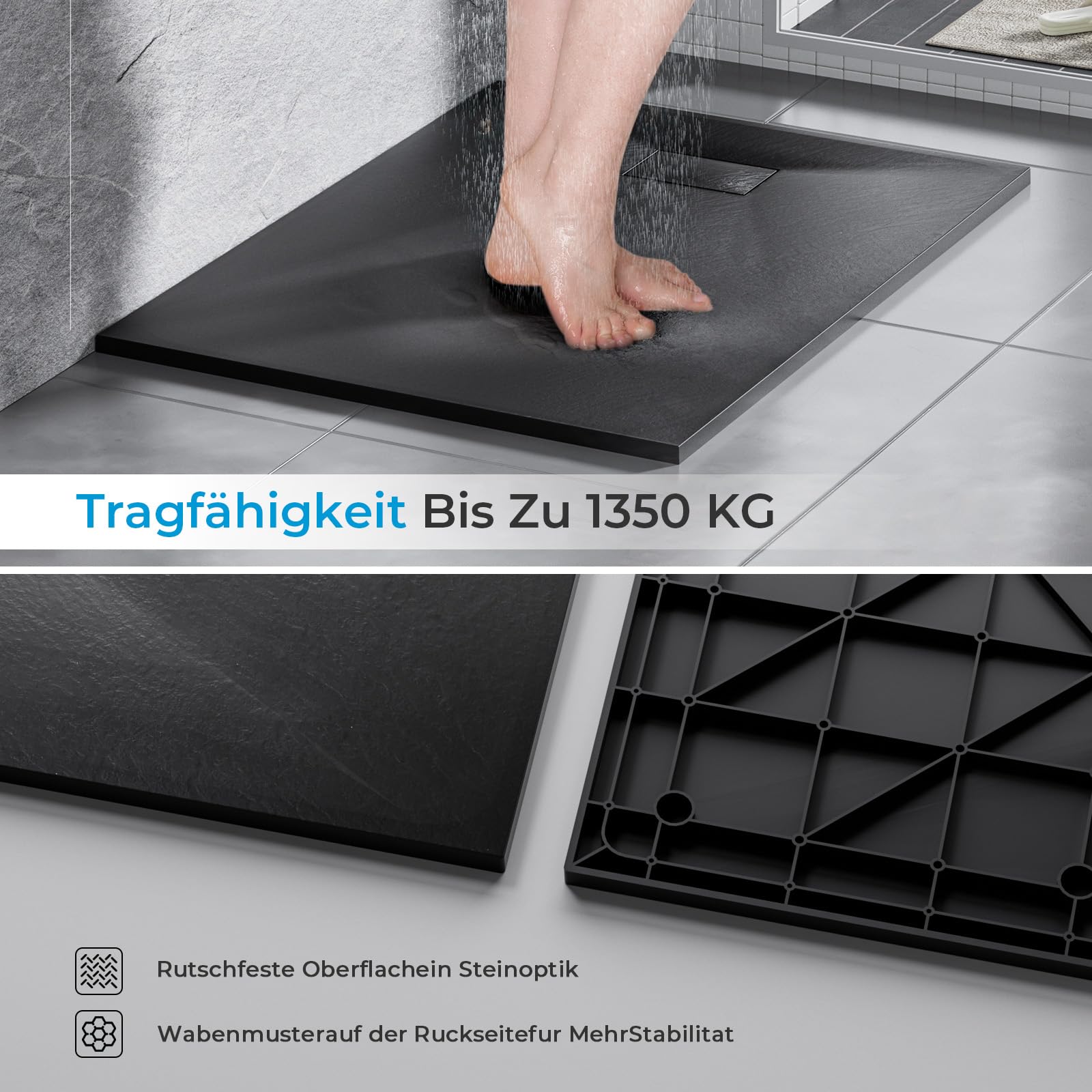 Heilmetz SMC Duschwanne 80 x 80 cm flache 2,6 cm, Steinoptik Schwarz