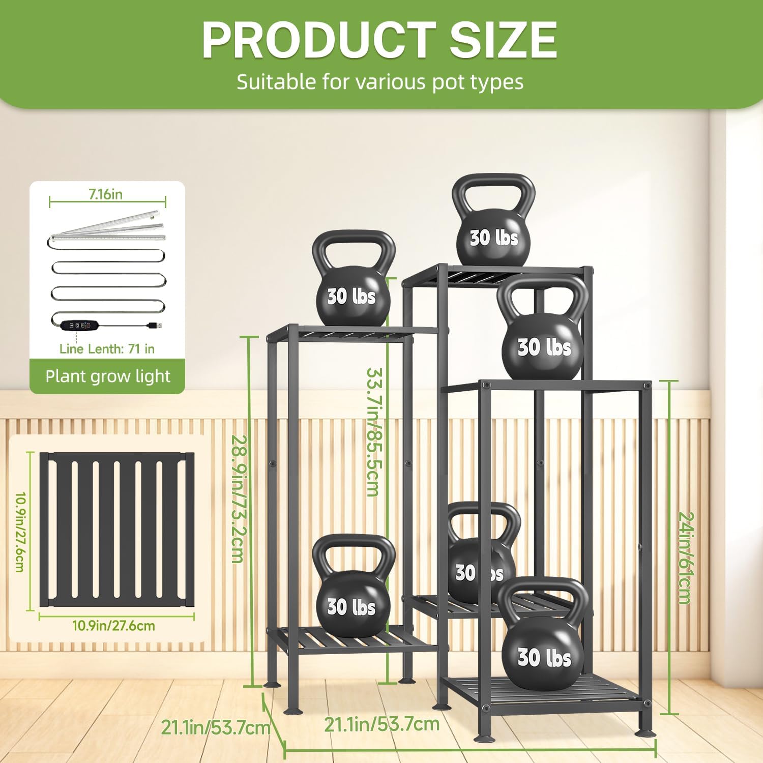 iDavosic.ly Indoor Plant Stand with Grow Light, Metal 6 Tier Corner Flower Holder Shelf Outdoor for Large Pots, Tall Rack for Patio Porch Balcony Living Room, Black