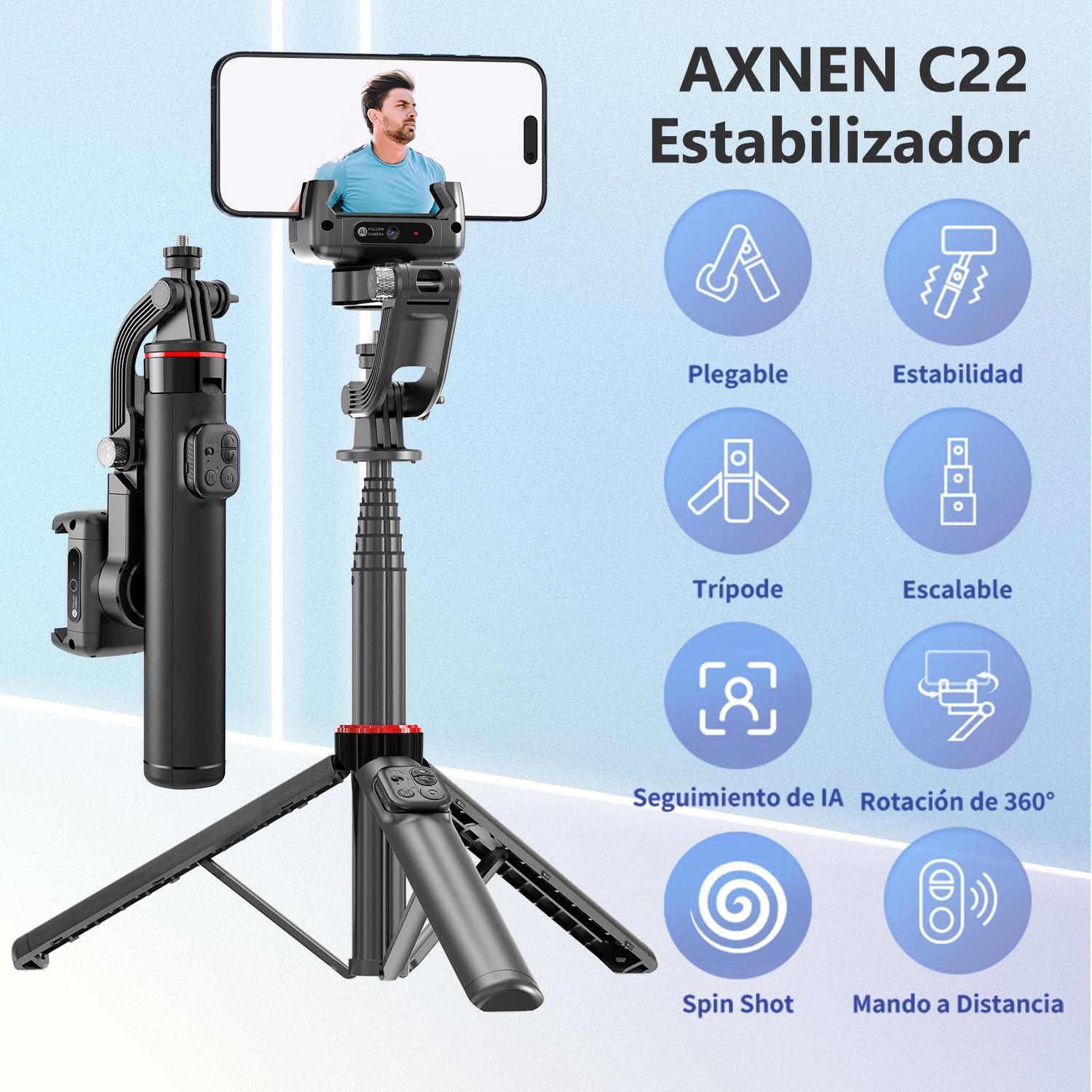 AXNEN C22 Stabilizer features: Foldable, Stability, Tripod, Scalable, AI Tracking, 360 Rotation, Spin Shot, Remote Control.