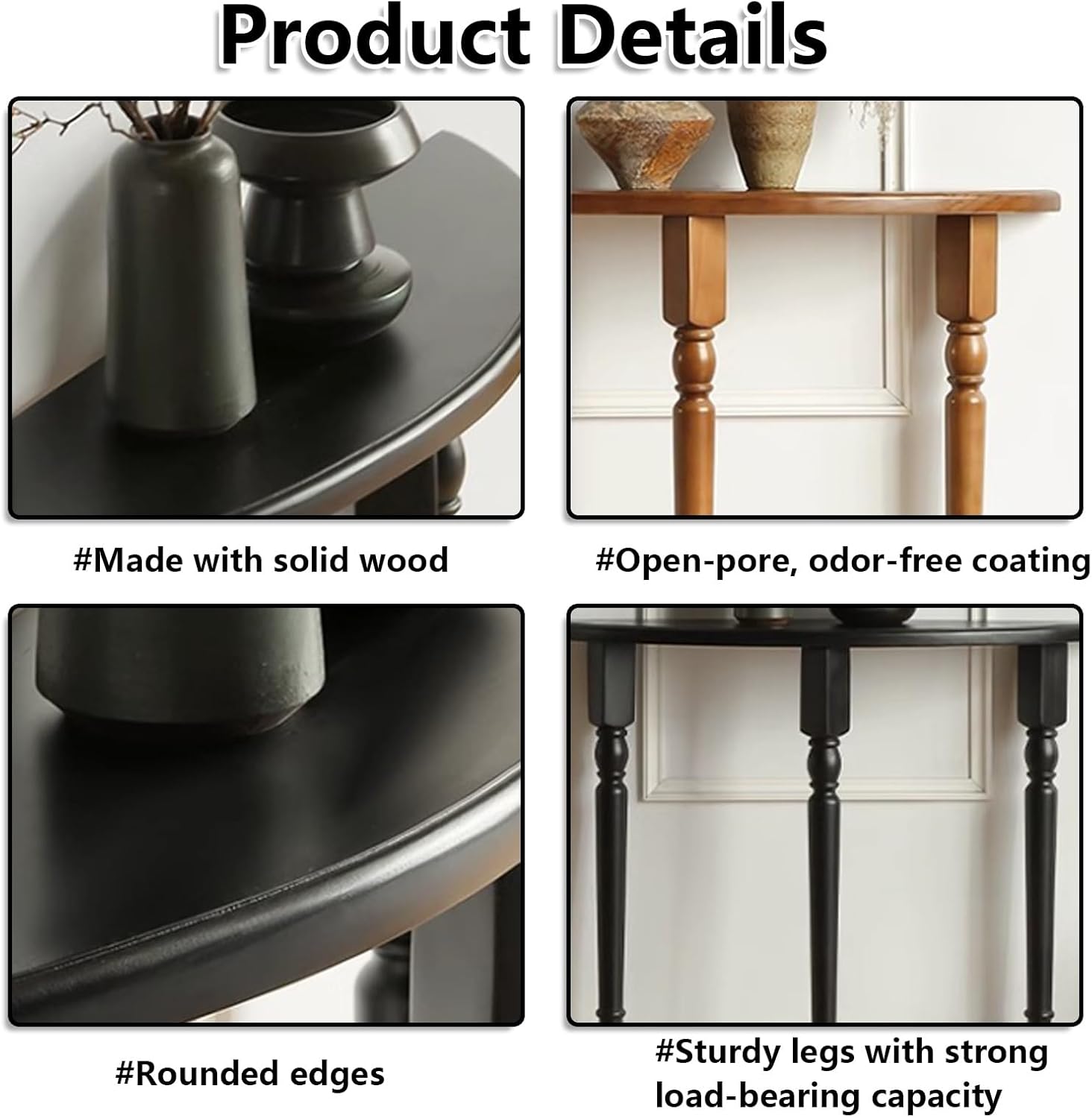 Solid Wood Half Moon Console Table, Narrow Entryway Table for Small Spaces, Semi-Circle Hallway & Foyer Accent Tables - for Living Room, Entry, Apartment(Walnut,23.6 * 9.8 * 31.5in)