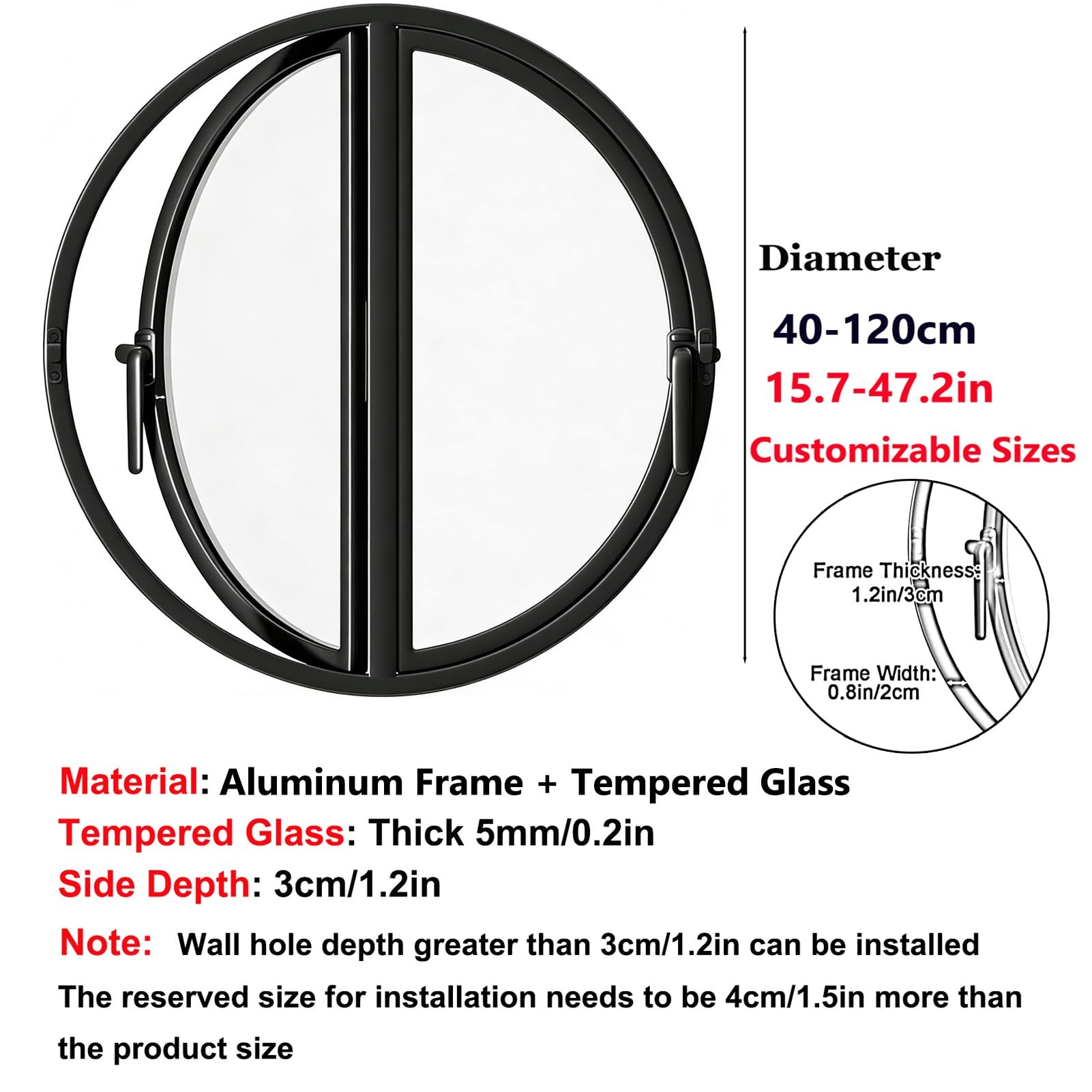 Ventana Ventana abatible Redonda, Ventana de Repuesto de Doble Apertura con Vidrio Templado, Ventanas Decorativas empotradas para baño, Sala de Estar, Hotel, cafetería(Black,52 cm/20.5 in)