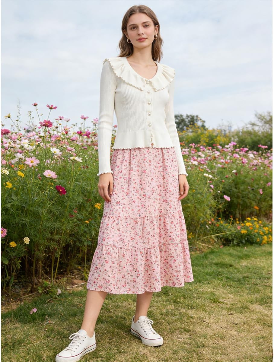 J.Corrine Women Cardigan Sweater Fall Pearl Button Down Ruffle Colar Cardigans Knit Open Front Sweaters Long Sleeve Tops - Image 4