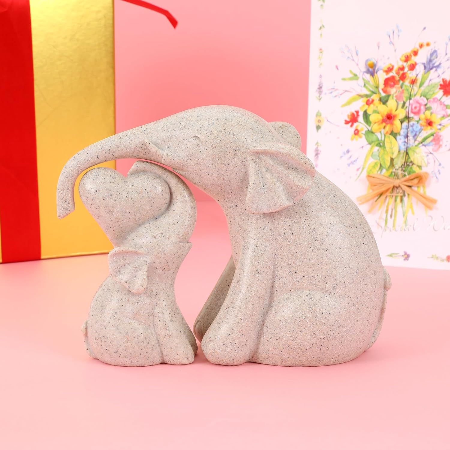 Small Cute Rock Sand Elephant Figurines Good Luck Elephant with The Baby Home Décor for Shelf Good Gifts for Women Animal Lovers Decoration for Living Room, Bedroom, Office