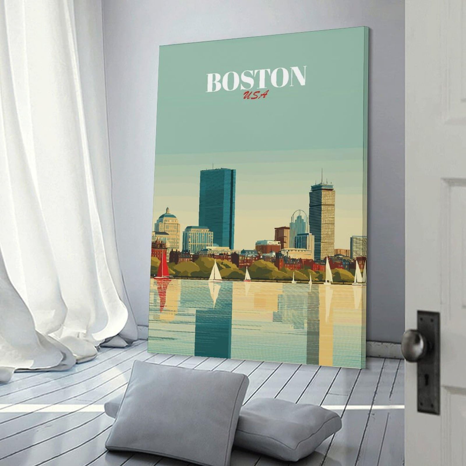 Junmoney Canvas Wall Art Boston USA Skyline Art, 24x36inch(60x90cm), for Corridors, Hallways Or Apartment Entries, Decorative Canvas Styling for Entry Areas