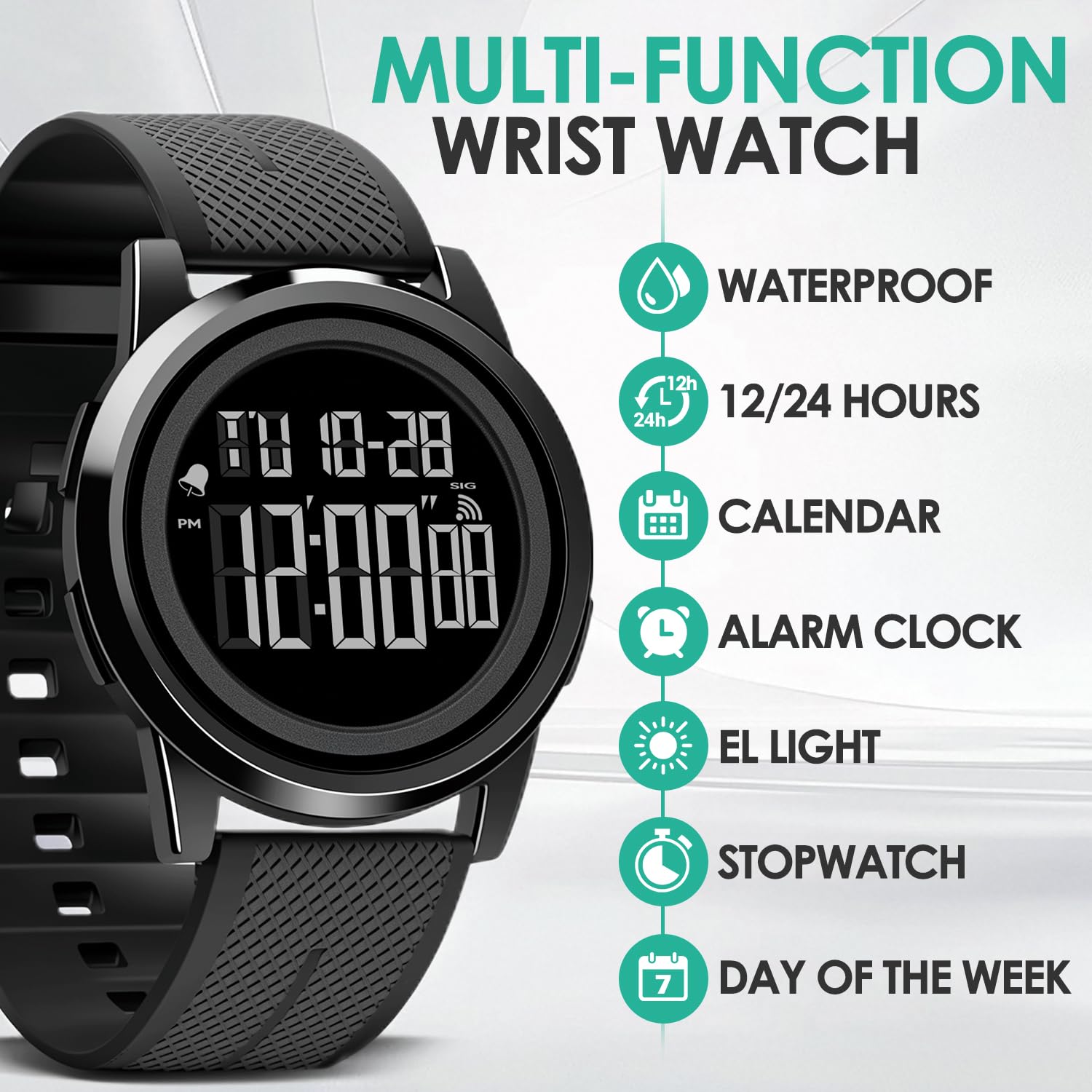 ASPYT Men Digital Watch Thin Sports Waterproof Outdoor LED Screen Large Face Wrist Watches for Men with Back Light Alarm Date Stopwatch