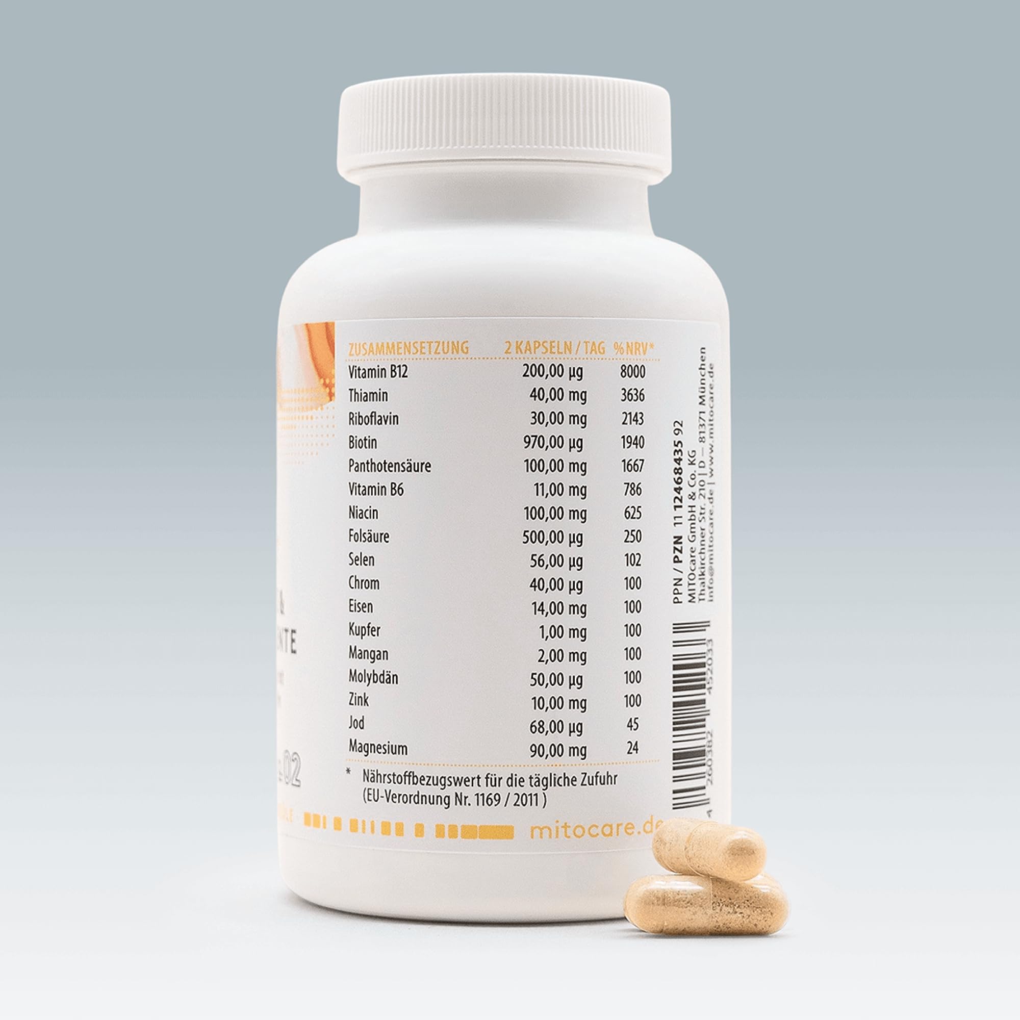 MITOcare B-Vitamine & Spurenelemente - Vitamin Komplex - B1, B2, B3, B5, B6, B7, B9, B12 + Co-Faktor: Myo-Inositol - vegan - 3 Monatspackung mit 180 Kapseln - Produziert in Deutschland
