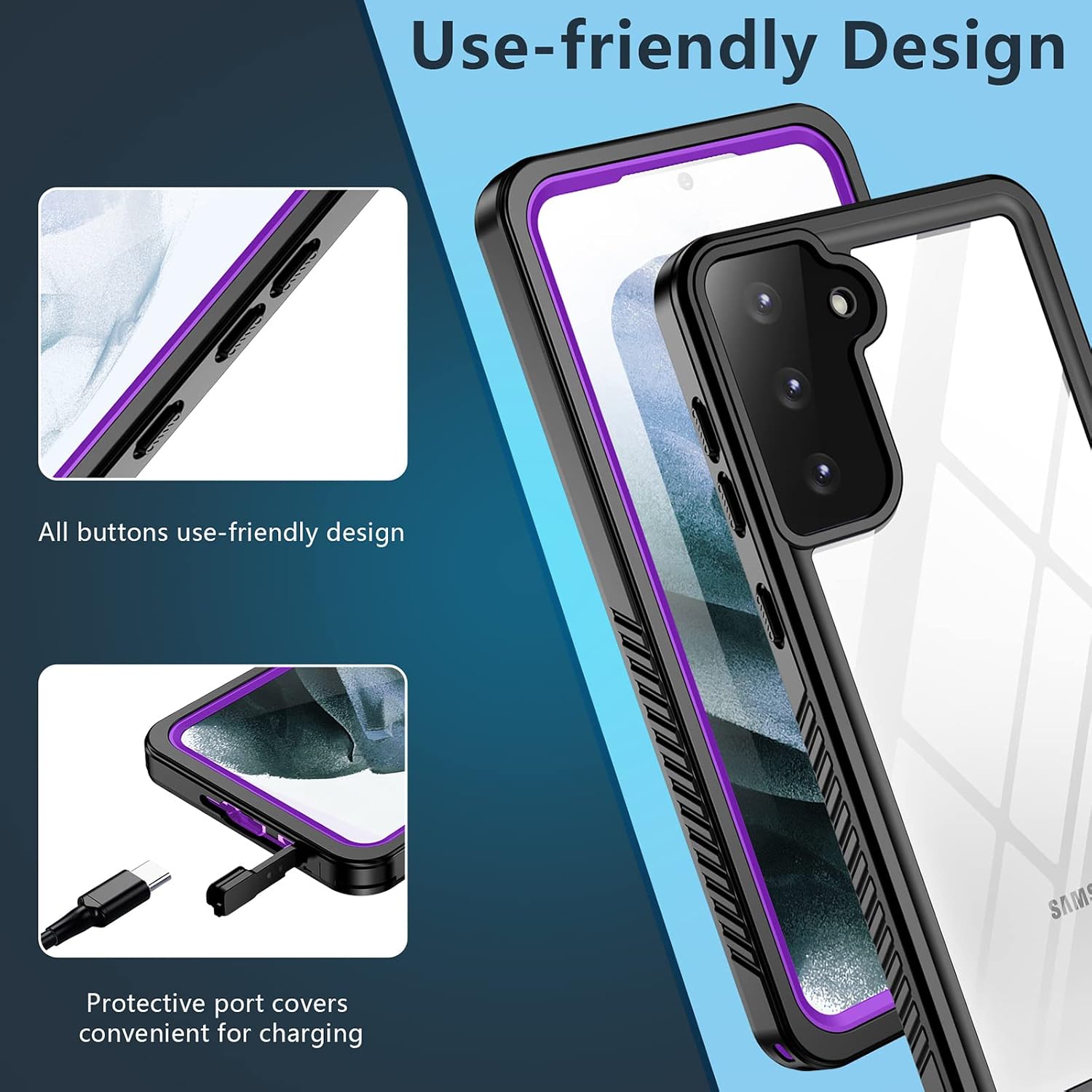 Eonfine Samsung Galaxy S21 Case Waterproof, Dustproof Shockproof Case with Built-in Screen Protector, Full Body Underwater Protective Cover for Samsung S21 5G 6.2 Inch (Purple/Clear)