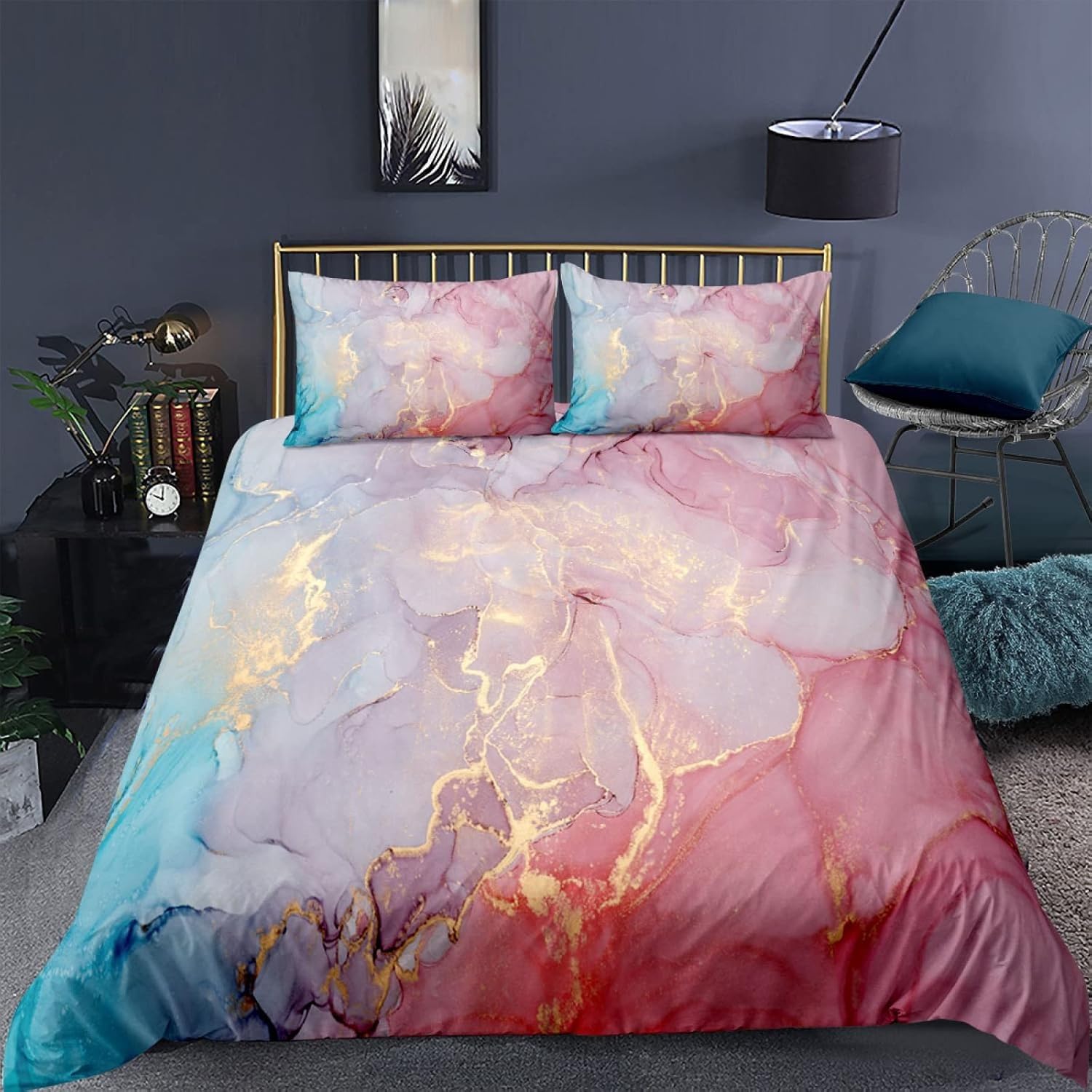 Parure de lit en marbre multicolore housse anti-plis et facile à fermer
