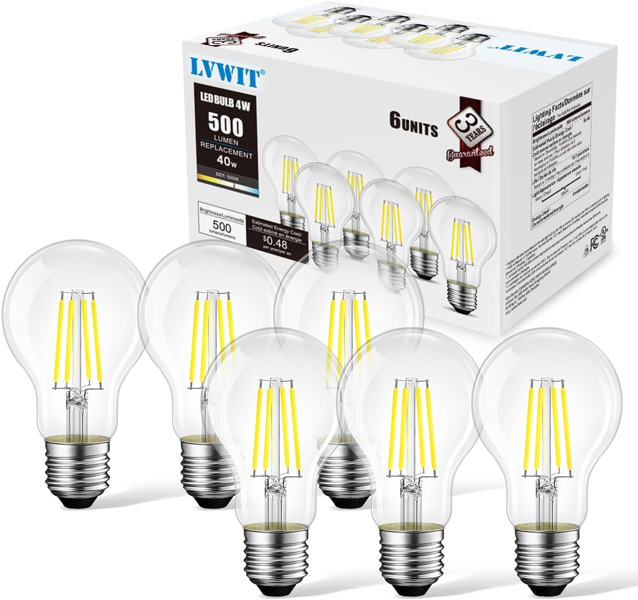 LVWIT A19 Vintage Edison LED Filament Bulb E26 Base, 4W (40W Equivalent), Daylight White 5000K, 500 Lumens, Non-Dimmable, 3 Year Warranty, UL-Listed, Pack of 6