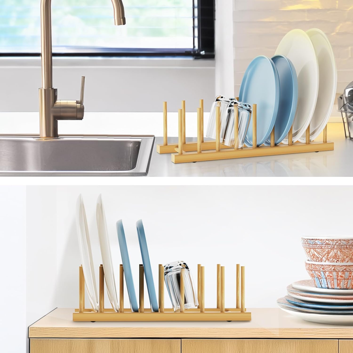 Bamboo Dish Drying Rack for Kitchen Organizer-Sturdy Plate Rack Organizer with Natural Bamboo,Dish Rack Holds Plates, Bowls, Cups & Cutting Boards-Dish Drying Rack for Countertop & Cabinets - Image 6