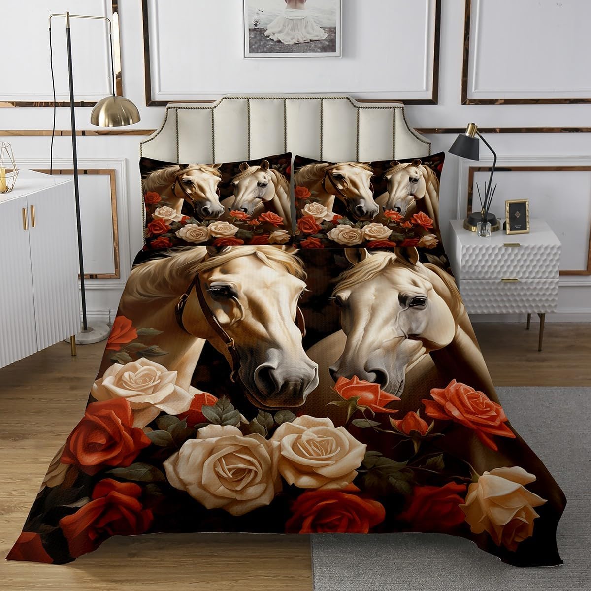 Erosebridal White Horse Quilt Set Red Rose Flowers Bedspread Set Queen,Farm Animals Coverlet Set Western Farmhouse Decor Quilted,Kawaii Room Decor