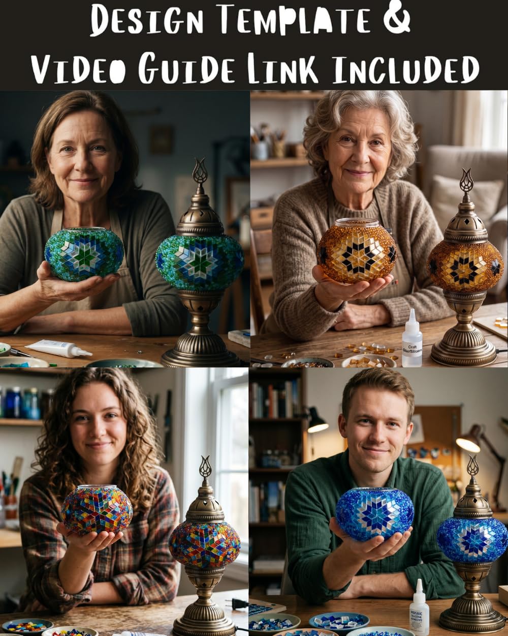 DEMMEX Kit fai da te con lampada a mosaico turco, set regalo completo per adulti e ragazzi, decorazione per la casa facile e divertente, lampada da tavolo (classica, turchese)