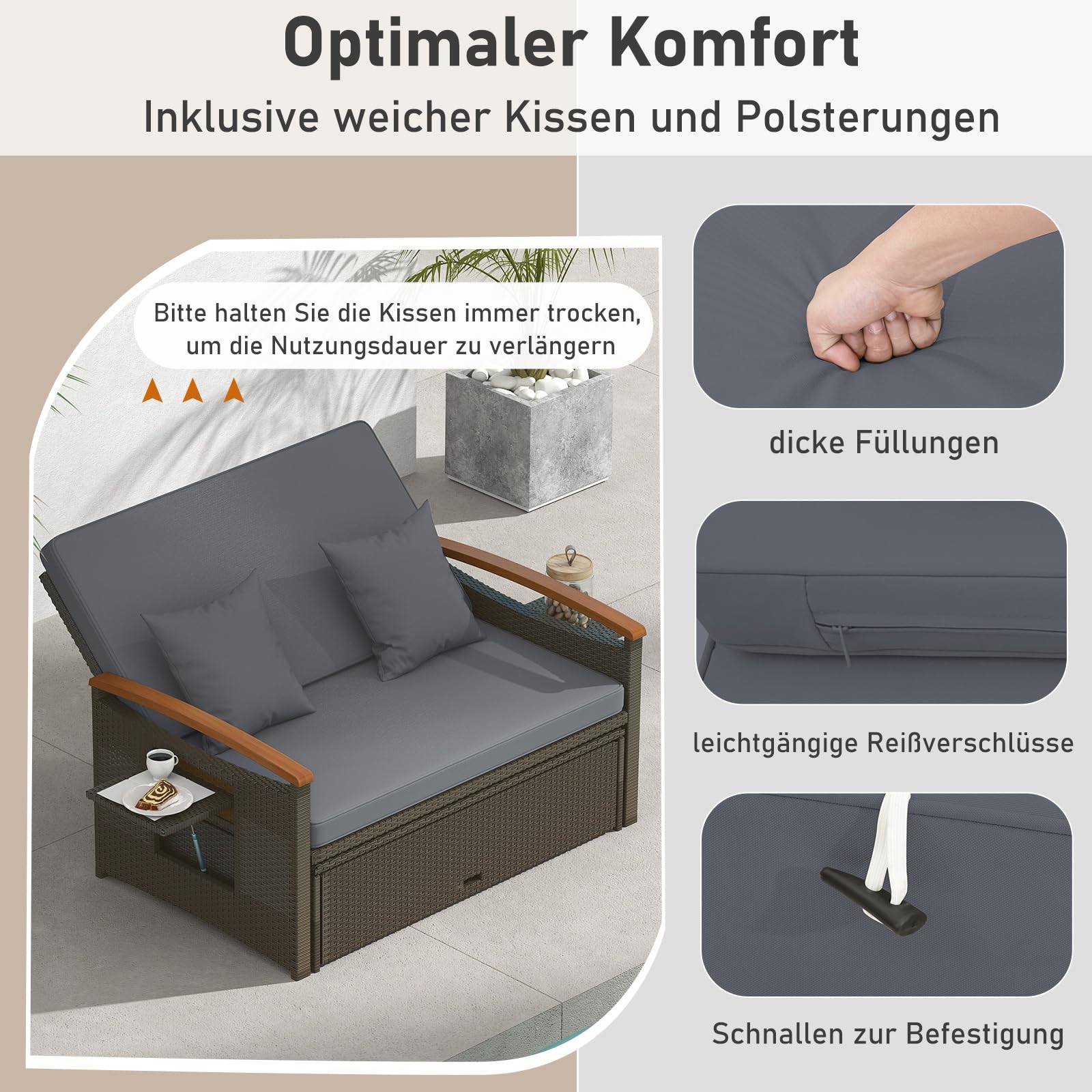 GYMAX Sofa Exterior de Ratán con Reposapiés de Almacenamiento, Conjunto Jardín de 2 Plazas con 4 Niveles y Cojines Acogedores, Bandejas Laterales Retráctiles (Gris, S)