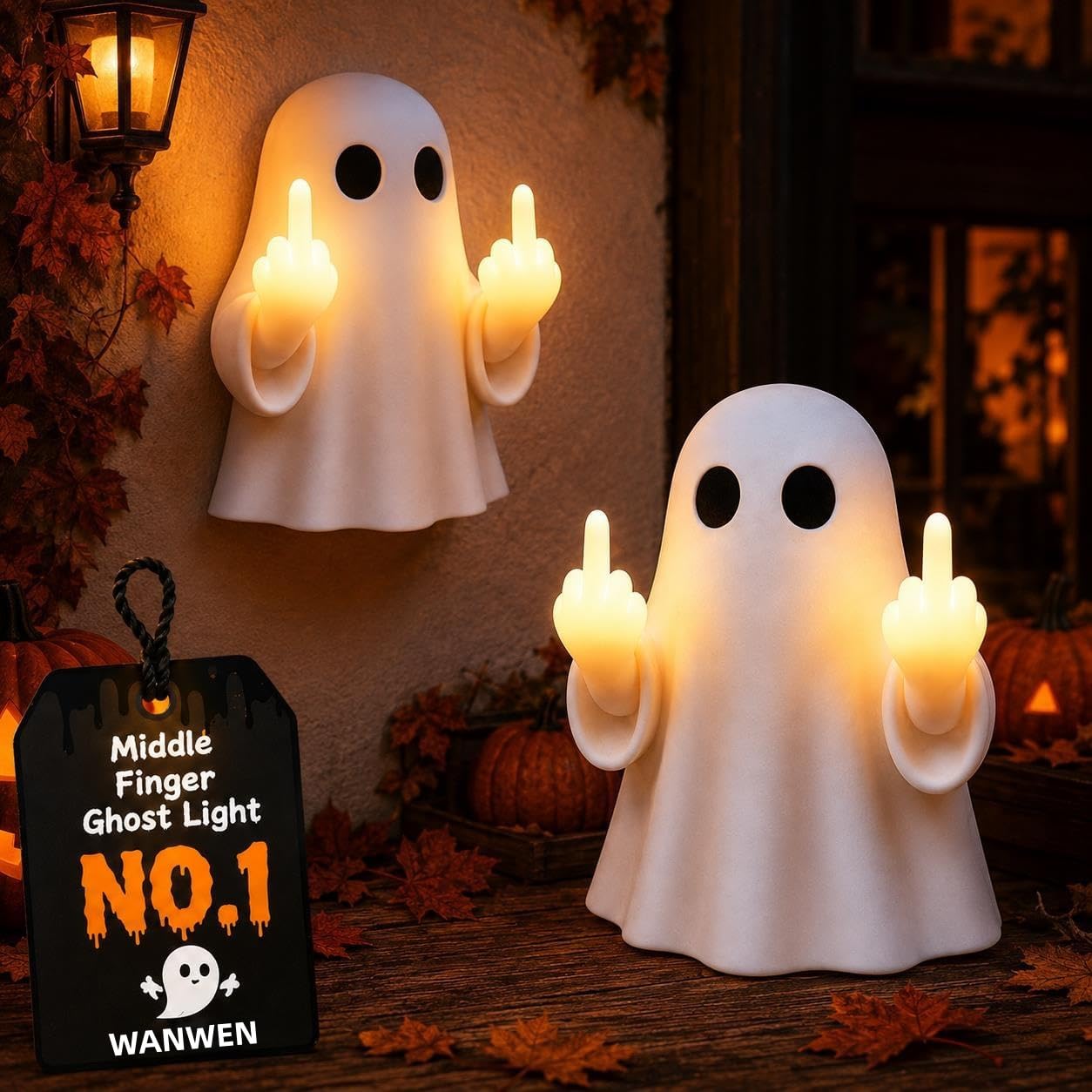 Leuchtender Geist mit Mittelfinger, Nachtlicht Halloween Geisterlampe, 3D Mittelfinger Niedliches Geister, Lustige Wandlampe Deko für Zuhause, Schlafzimmer, Streich Geschenke (2PCS)