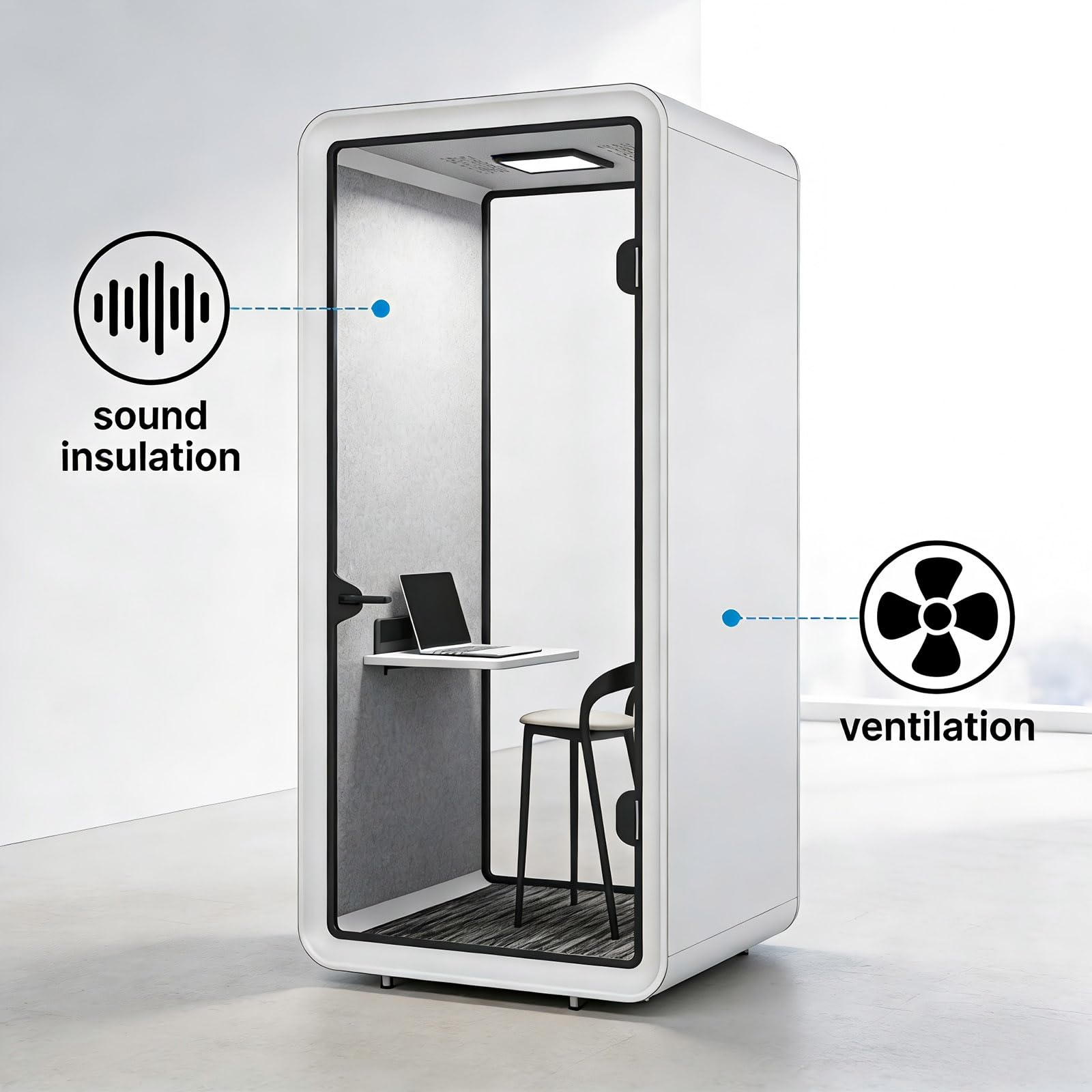 Cabina modulare insonorizzata, multifunzione per musica e ufficio, cabina acustica con illuminazione a LED di ventilazione e robusta scrivania integrata