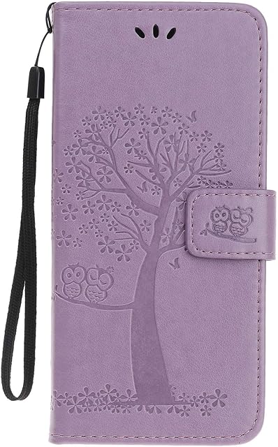 Skhawen iPhone 11 Case, Flip Shockproof PU Leather Embossed Owl Wallet Magnetic Cover for iPhone 11 with Card Holder Viewing Stand, Light Purple