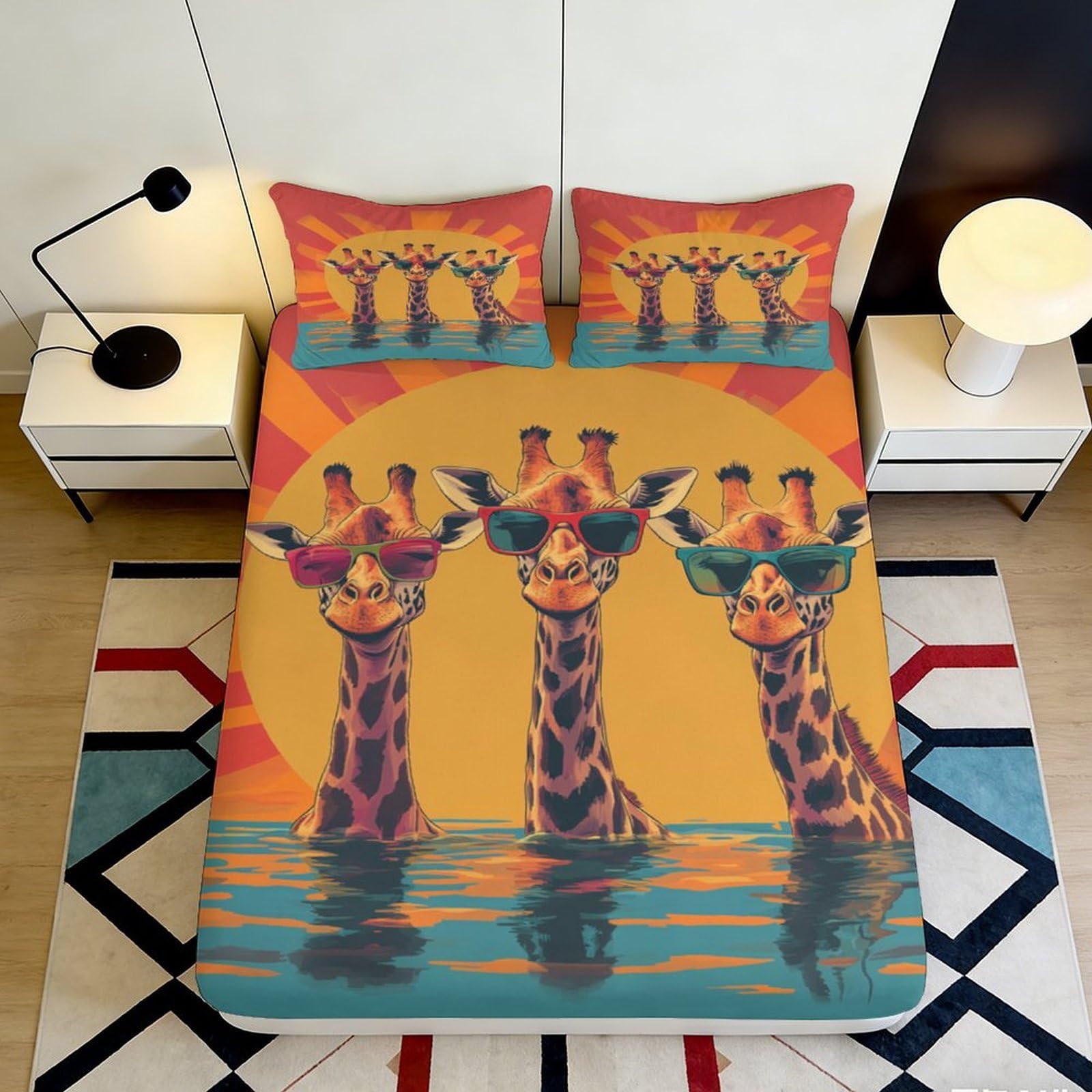 3D Printed Sunset Giraffe Fitted Sheet Microfiber Vibrant Jungle Art Bed Cover for Bedroom Guest Room Decor 90x200x25cm