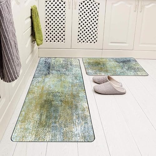 Vista 52 de TOMWISH - Tapetes de cocina para piso, color turquesa, gris, abstracto, pintura artística, 17 x 48 + 17 x 24 pulgadas, juego de alfombras de cocina