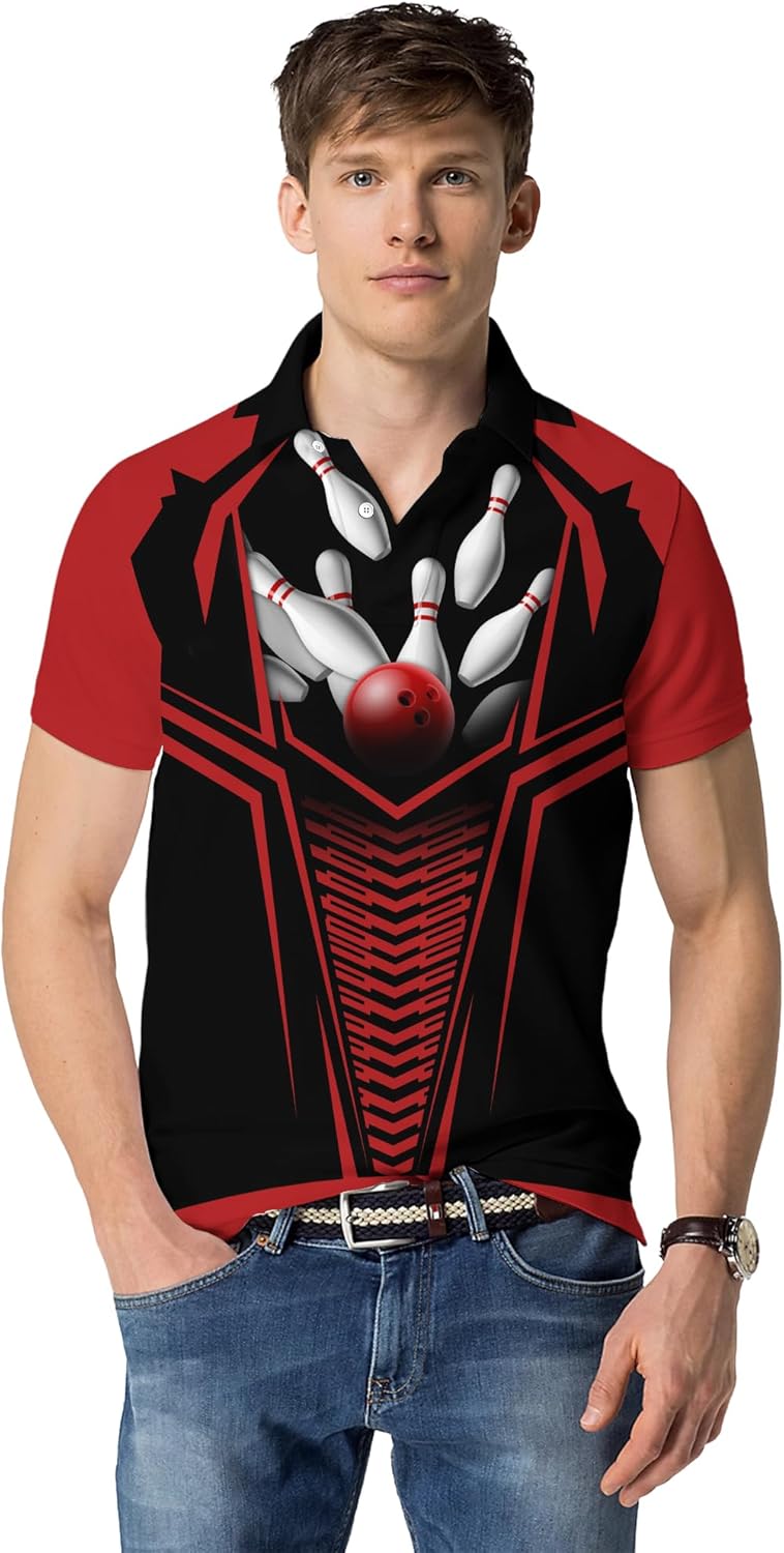 Sporty Bowling Lover Golf Shirt Personalized Red Sporty Bowling Ball Short Sleeve T-Shirt 3D Bowling Theme Clothes