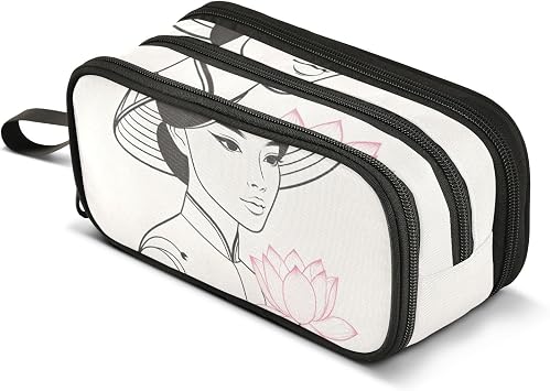 Beautiful Vietnamese Woman Pink Lotus Pencil Case Large Capacity Pen Bag with Compartment Students Stationery Organizer Pencil Pouch Marker Case for School Office Work