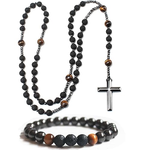 Lava Rock Bracelets Tiger Eye Necklace for Men, Hematite Cross Rosary Necklace Triple Protection Healing Crystal Jewelry Gifts for Dad Grandpa