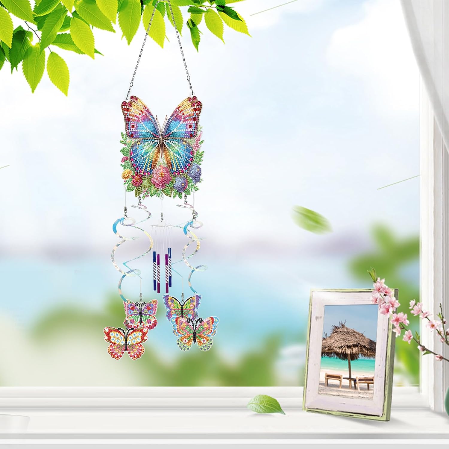 DIY Dotted Diamond Art Painting Spring Wind Chime Kit, Beautiful Three-Dimensional Diamonds Dot Paintings Hanging Ornaments, for Outside Garden (Double-Sided Drill)