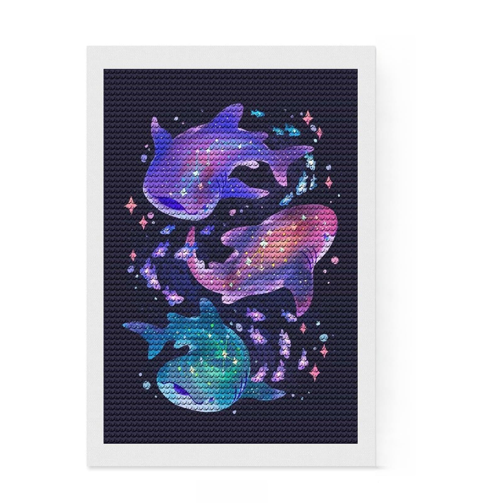 Junmoney Cosmic Whale Sharks Diamond Painting Set 8"x12", Arts and Crafts, Wall Art Gift, Full Kit Included, Relaxing Handmade Project