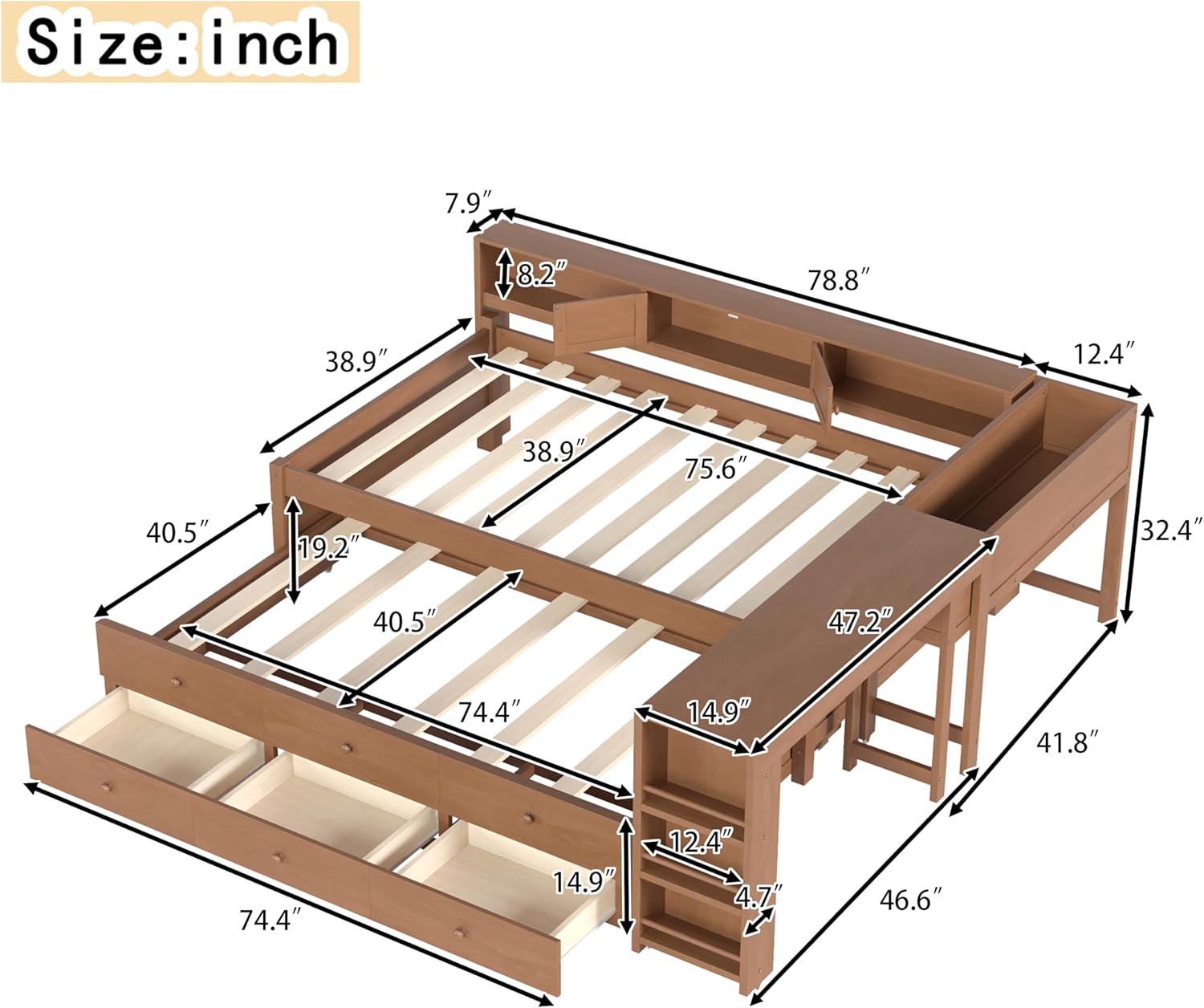 Bellemave Twin Corner Bed Frame with Desk and Storage Shelves, Captain beds with Bookcase and Trundle and 3 Drawers, Wood Twin Size Daybed, Vintage Brown