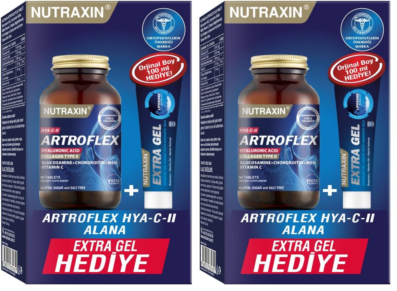 Nutraxin Artroflex Hya-C-II – Glukozamin, Kondroitin, MSM, Tip II Kolajen ve Hyalüronik Asit İçeren Eklem Destek Tableti – 90 Tablet + Artroflex Jel Hediyeli – Alerjen İçermez (2 paketi)